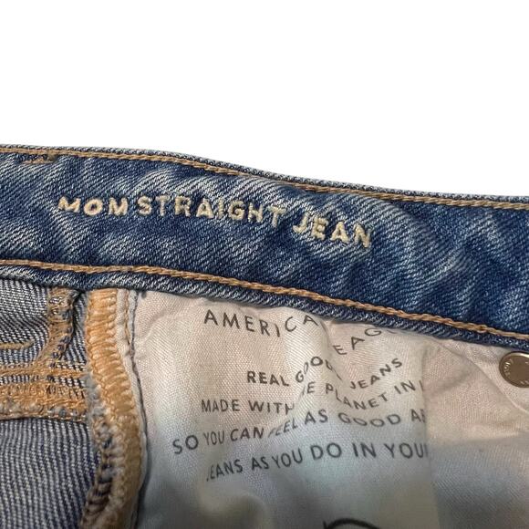 American Eagle Mom Straight Jeans Size 4 High Rise Distressed Ripped Knee - Picture 7 of 15